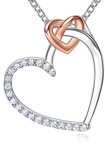 BlingGem Herz Ketten für Damen 925 Sterling Silber Rose Vergoldete Halskette mit Herzanhänger 5A Zirkonia Jahrestag Geburtstag Schmuck Geschenk für Frauen