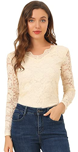 Allegra K Top de Blusa de Encaje de Manga Larga Transparente con Bordado Floral para Mujer Beige L