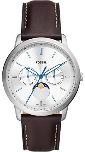 Fossil Neutra orologio per uomo movimento Moonphase multifunzione con bracciale in acciaio o cinturino in pelle, 42 mm, Marrone e Bianco