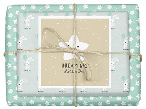 dabelino® Geschenkpapier zur Geburt/Taufe: Baby Junge, Kleinkind - Set Hase mit Ballon + Sterne (mint-grün, erster Geburtstag)