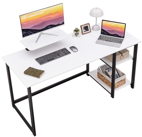GreenForest Computertisch mit Monitorständer, 140 cm Bürotisch mit umkehrbaren Ablagefächern, Schreibtisch für Zuhause und Schlafzimmer, weiß