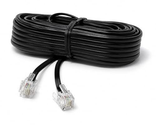 Drut Cavo telefonico Fisso ADSL (6P4C) da 15 m RJ11 a RJ11 Cavo Piatto Internet BT ad Alta velocità Banda Larga da Maschio a Maschio Router, Modem, prolunga telefonica 50 Piedi Nero