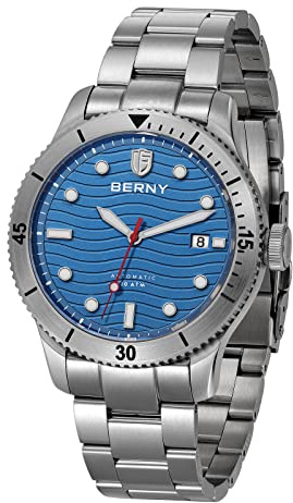 BERNY Uomo's Diver Orologio Meccanico Automatico Acciaio inossidabile Cinturino Sapphire 20ATM Acqua Puff Sport Orologio da Polso Diving Nuoto Con Data di Apertura C3 Super Luminoso