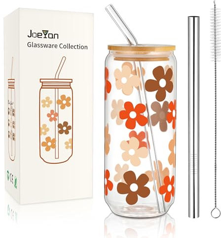 Joeyan 600ml Glass Drinking Cup with Lids and Straws, Bubble Tea Cup Iced Coffee Cup Floral Pattern Beer Can Glasses Tumbler Smoothie Cup Gift for Sister Friend Birthday Anniversary Valentine