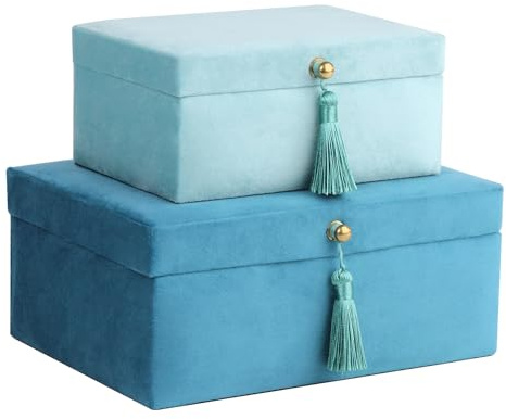HofferRuffer Velvet Jewelry Boxes Decorative Boxes, Storage Accessory Organizer Boxes with Elegant Handle Decor, Classic Velvet Set of 2 Pieces (Blue)