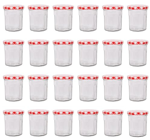 Argon Tableware Glass Jam Jars with Airtight Red Gingham Lids - 150ml - Pack of 24 - Empty Screw Top Kitchen Storage Jar for Food, Honey, Spice, Pickling, Preserving, Candle Making