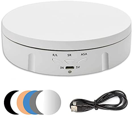 luolety Electric Rotating Turntable for Photography, 360 Degree 10KG Load Motorized Rotating Stand Display for Live Video with 5 Backgrounds for Display Jewelry, Watch (White)
