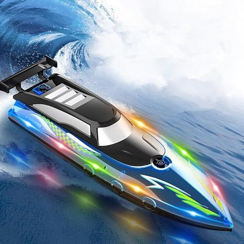 OBEST Ferngesteuerte SpeedBoot RC Boot, Hohegeschwindigkeit RC Wasserdichtes Boot mit LED-Licht, 2,4-GHz-Rennboote für Pools und Seen mit 2 Akku Spielen, Rudern-Spielzeug für Kinder&Erwachsene