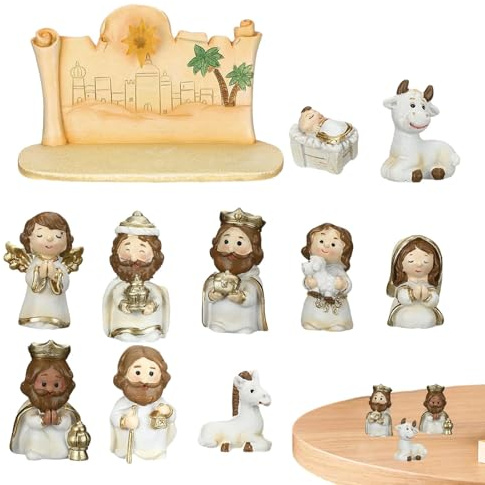 Decorazione Presepe di Natale con Luminoso LED, Presepe Di Natale Completo di 10 Piccole Figure Mobili, Presepe Noel Figurine in Resina per la Decorazione Della Casa Ufficio