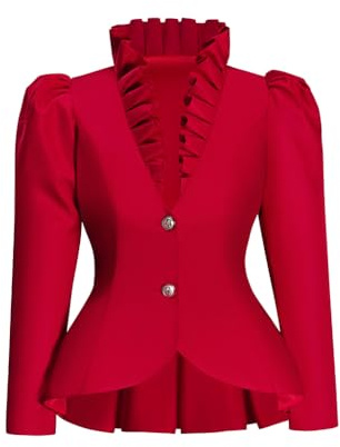 Women's Edwardian Blazer Jacket Steampunk Riding Habit Vintage Victorian Coat Historical Theater Costume (Red, XXL)