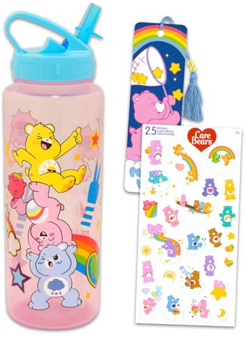 Care Bears Set di bottiglie d'acqua riutilizzabili, in plastica, con beccuccio, per casa, scuola, sport, con adesivo e altro contenitore