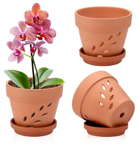SUMTree Macetas de terracota para orquídeas de 15 x 12,5 cm, paquete de 3 macetas de terracota con agujeros y platillos, maceta pequeña para orquídeas de terracota para interiores y exteriores