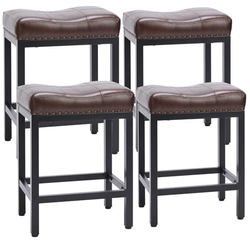 Sweetcrispy Bar Stools Set of 4, 24 Inch Counter Height Stools, PU Leather Upholstered Bar Chairs with Footrest, Modern Bar Stools for Kitchen Island, Dining, Living Room, Brown