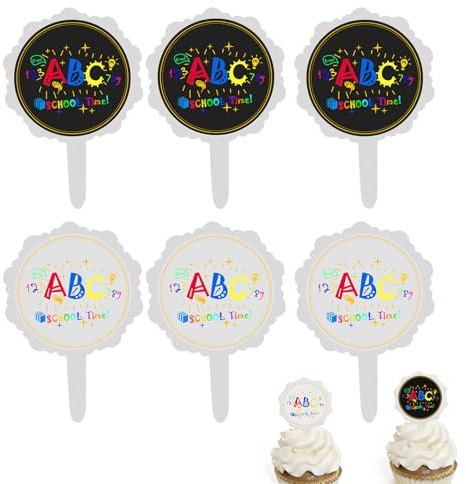 Gleemix ABC Tortendeko Einschulung, 6 Kuchendeko Schulanfang, Schuleinführung deko Cupcake Topper, Schulkind 2025 Deko Schulanfang Party Dekoration für Junge Mädchen Geschenk, Schwarz Weiß