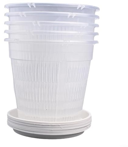 Set di 5 vasi per orchidee con sottovaso in plastica trasparente per una facile osservazione e drenaggio della crescita delle piante (16 cm)