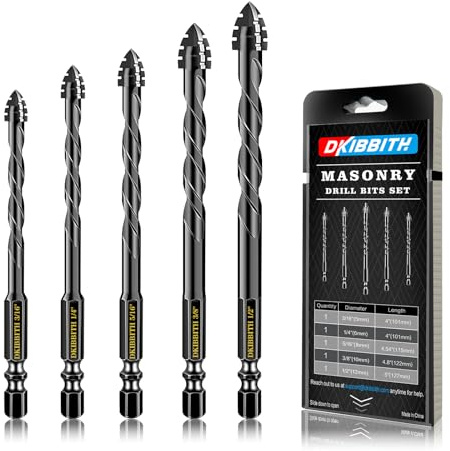 DKIBBITH 4-Flute Serrated Masonry Drill Bit Set 5-Piece Black- 3/16,1/4,5/16,3/8 to 1/2 for Concrete, Tile, Brick, Glass, Ceramic.
