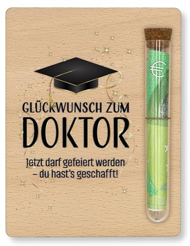 ZUKLA Verpackung für Geldgeschenke Doktor - 13 x 10 cm - mit Reagenzglas - Promotion Geschenk 2026 - Geldgeschenk Verpackung aus Holz - Doktortitel Geschenk