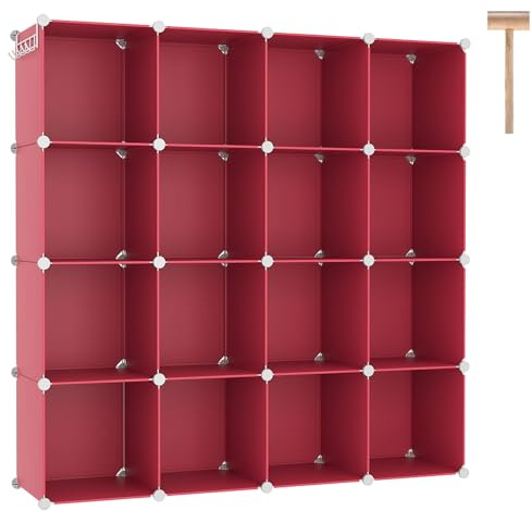 C&AHOME Cube Storage Organizer, 16-Cube Shelves Units, Plastic Storage Cubes, DIY Closet Organizer, Modular Closet Storage Shelves Ideal for Home, Bedroom, 48.4 L × 12.4 W × 48.4 H Red UPCS16R