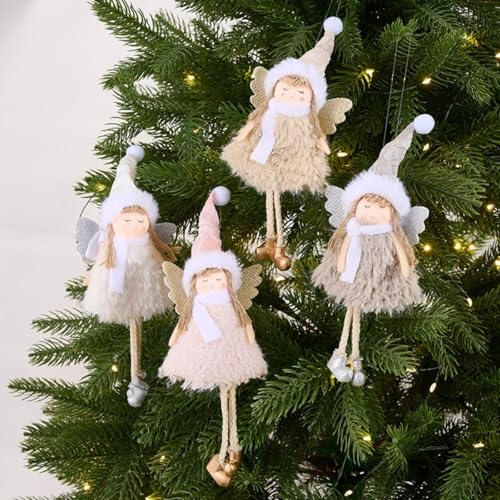 Sileduove 4 Stück Flanell Weihnachten Engel Mädchen hängende Ornamente, Plüsch festliche Baumschmuck mit Hüten, Schals und goldenen Flügeln für Urlaub Home Decor