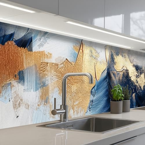 KitchenYeah© Credence Cuisine Adhesif Protection Mur Plaque De Cuisson | 80x300 cm - Plastique Rigide Revetement Murale À Coller Or - Bleu - Aquarelle - Art - Moderne