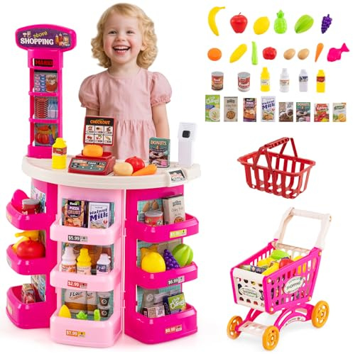 HOMASIS Supermercato Giocattolo per Bambini con Carrello della Spesa e 29 Accessori, Negozio di Alimentari con Luci e Suoni, Cassa, Bilancia e Scanner, Banco per Bambini dai 3+ Anni (Rosa)