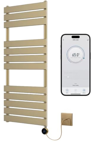 Richmond Brushed Brass WiFi Electric Heated Towel Rail 400mm W x 1200mm H | Smart WiFi Controlled, Flat Design, 7 Day Programming, App Compatibility, Wall Mounted