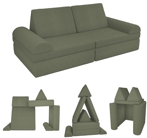 POKAR Kindersofa | Spielsofa Cord aus Schaumstoff Bausteinen | Modulares Spielsofa für Kinder | Kuschelecke im Kinderzimmer Kindercouch | Oeko-Tex 100 Zertifiziert | Frühlings Erbse