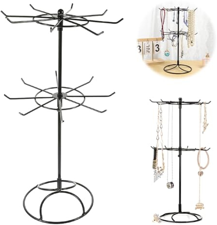 Aoreun Schmuckständer 2-stufiger Drehbar Halskettenhalter，Kettenständer Schmuck Abnehmbar Schmuckregal, Schmuckständer Schwarz 16 Haken für Ketten & Armbänder,Ringe & Ohrringe