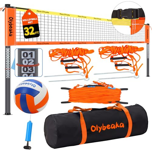 Olybeaka 20ft / 32ft Portable Outdoor Volleyball Net Set for Backyard Beach Grass with Heavy Duty 1.25 Adjustable Poles, 28-Ply PE Net, PU Volleyball & Pump, Large Storage Bag (Orange, 32ft)