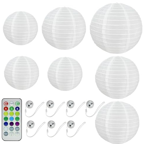 Hopelit Nylon Lampion Weiß 7er Set, LED Lampions Batterie 1x Ø30cm 3x Ø25cm 3x Ø20cm, Lampenschirm Hängelampe mit Bunt Unterwasserlicht Fernbedienung Timer, Laternen für Ramadan Hochzeit Balkon