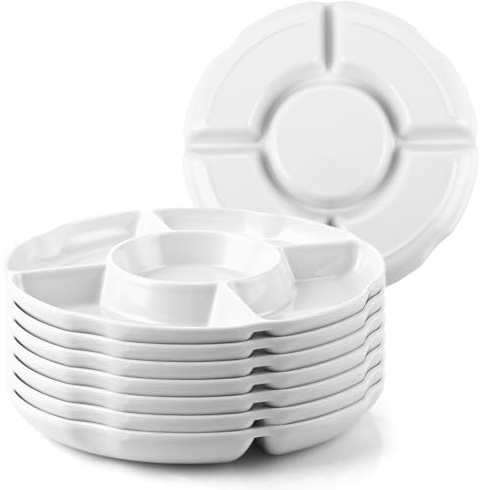 Ghligna 8 Stück Snackteller mit Fächern, 25.4x2.6cm Weiß Snackplatte, Rund Fondueteller mit Unterteilung, 5 Fach Snackschale, Snacktablett, Servierplatte mit Fächern für Nüsse, Dessert, Frische Snacks