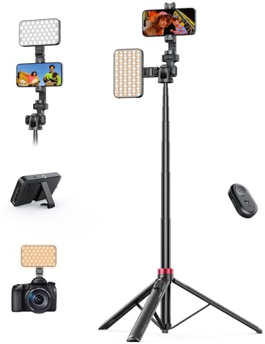 174 cm Handy Stativ mit Fülllicht, Selfie Stick Tripod mit Fernauslöser | Verstellbares 3-Farben-Licht 2500K–9900K, 360° Drehkopf, 35-174 cm Ausziehbar,Stativ für Kamera iPhone Android Smartphone