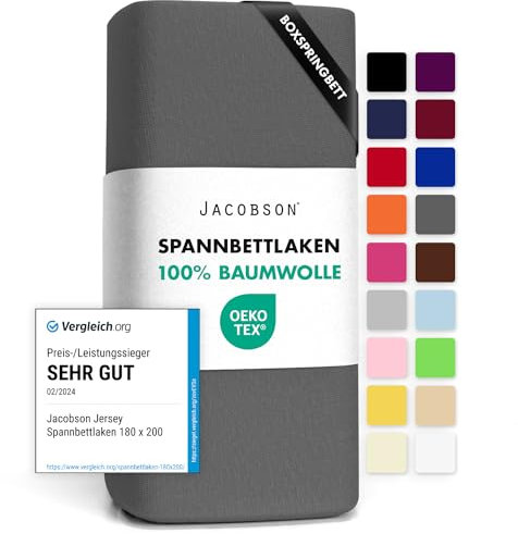 Jacobson Jersey Spannbettlaken Spannbetttuch Baumwolle Bettlaken (140x200-160x220 cm, Anthrazit)