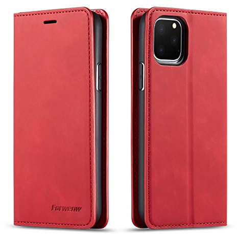 EYZUTAK Hülle für iPhone 11 Pro (5.8 inch), Magnetverschluss Premium PU Leder Flip Case mit Kartenfächern Brieftasche Standfuntion stoßfeste Silikonhülle Retro Ledertasche - Rot