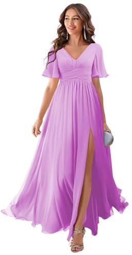 YUAOHUANG Robe de demoiselle d'honneur à col en V et manches flottantes pour femme en mousseline de soie longue avec fente, lilas, 36