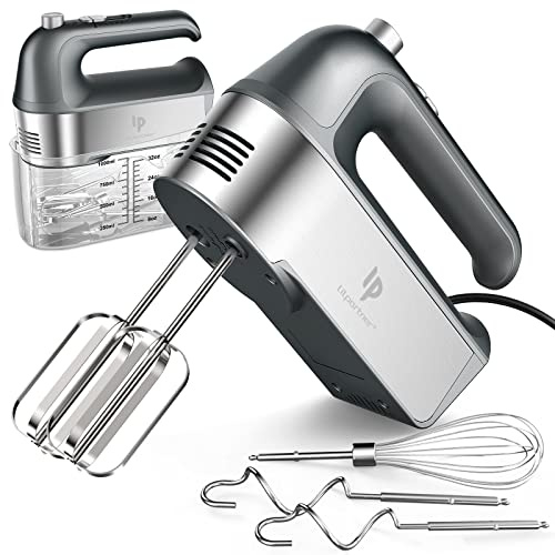 Hand Mixer Electric, 450W Kitchen Mixers with Scale Cup Storage Case, Turbo Boost/Self-Control Speed + 5 Speed + Eject Button + 5 Stainless Steel Accessories, For Easy Whipping Dough, Cream, Gray