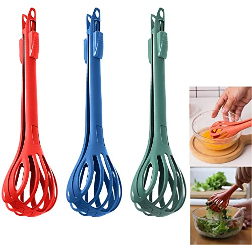 2-in-1 Whisk Food Clip & Egg Whisk, Pack of 3 Multifunctional Egg Beater Manual Egg Whisk, Noodle Spaghetti Tongs, Food Clips, Hand Egg Beater (3 Pieces)