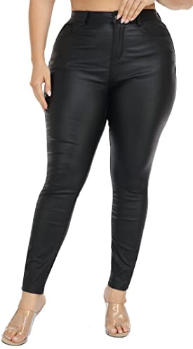 WAYRUNZ Womens High Waisted Stretch Faux Leather Pants PU Coated Legging Juniors Plus Size (059-BLACK-20)