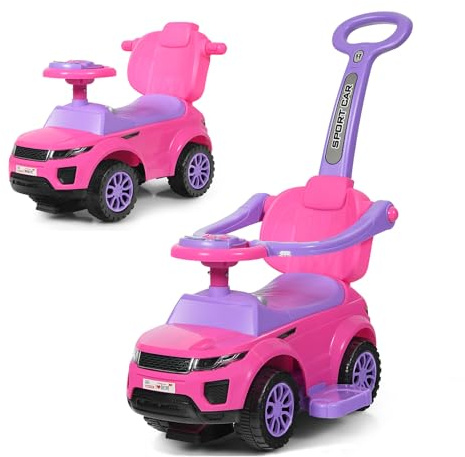 DREAMADE Porteur 3-en-1 pour Enfant 1-3 Ans, Jouet Voiture à Pousser avec Barrières de Sécurité Amovibles & Klaxon, Poussette Bébé avec Fonction Musicale (Rose)