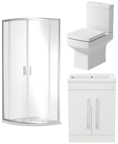 BAYSTONE Bathroom Suite 900 x 900 mm Quadrant Shower Enclosure Cubicle Sliding Door Tempered Glass Screen Close Coupled Toilet Soft Close Seat White Gloss Vanity Unit Basin