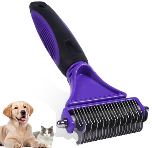NursCare Pet Grooming Brush, Double Sided Undercoat Rake for Dogs & Cats, Professional Deshedding Brush and Dematting Tool. Purple