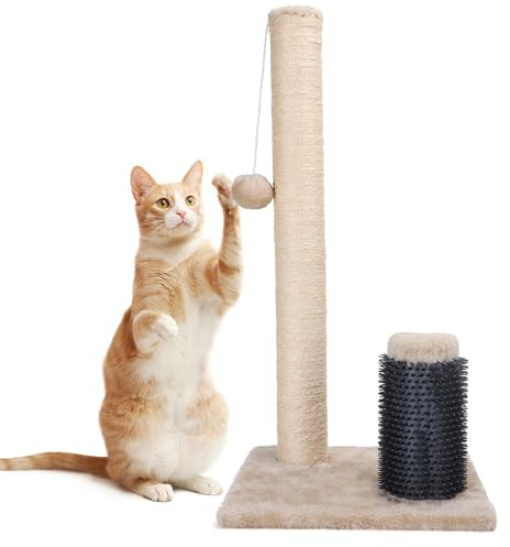Nobleza Kratzbaum, Kratzsäule für Katzen, Katzenkratzer mit stabilem Sisalseil und hängendem Ball, Multifunktionaler Katzenkratzbaum mit Kamm zur Fellpflege
