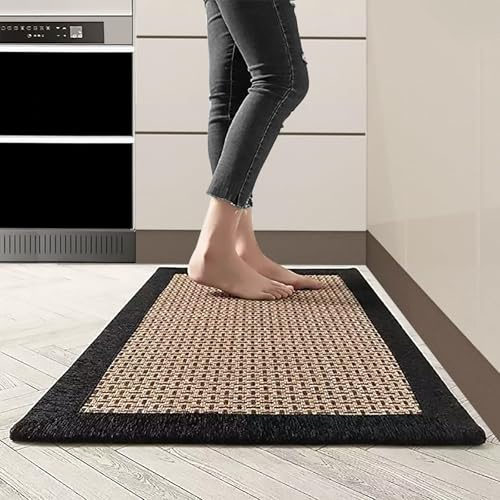 Cheerx Tapis Cuisine Devant Evier, Tapis de Cuisine Lavable Antidérapant, Tapis Couloir en Coton et Lin Tissé, Tapis de Sol pour la Cuisine, Le Salon, Le Bureau (Noir, 50x80cm)
