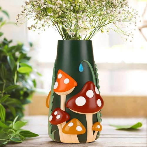 AmiCera Vase zur Deko Wohnzimmer, Bunt Pilz Vasen 20 cm, Regenbogen Funky Pilz Dekor, Ästhetische Blumenvase für Blumen, dekorative Blumenvasen für Esstisch, Einzigartige Gartengeschenke, Grün