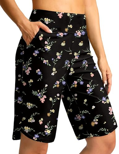 G Gradual Women's High Waisted Swim Board Shorts 11 Knee Length Beach Swimming Long Shorts for Women with Pockets Liner(Black Floral,3XL)