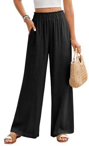 PASUDA Pantaloni di Lino Donna Estivi Larghi Leggeri con Elastico in Vita Alta, Eleganti Casual da Spiaggia Comodi Tinta Unita con Tasche