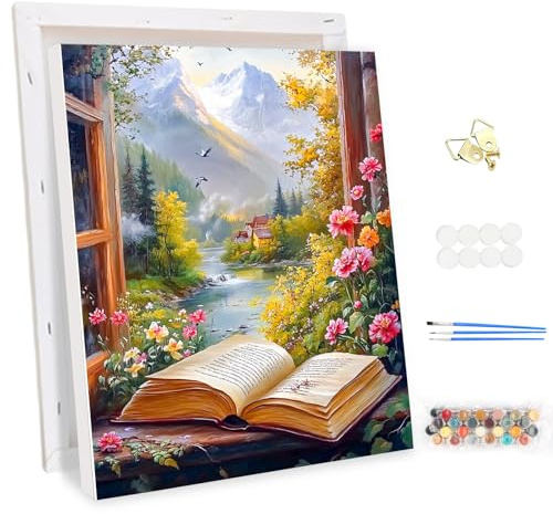 MEIYUDA Pintar por Numeros Adultos con Marco Vista de ventana, Cuadros por Numeros Pigmento Acrílico, DIY Pintura por Numeros Kit Manualidades Adultos, Decoración para el Hogar Regalo de pared 30x40cm
