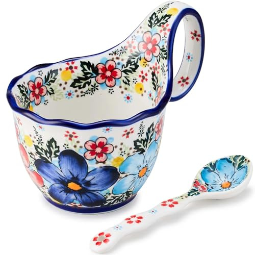 Cteaffee Ceramic Soup Cup and Soup Bowl With Handles - 18 Ounce With Spoon,Handpainted Decorative Oversized Porcelain Bowl,for soup, Ice Cream, Stew, Snacks,Microwave and Dishwasher Safe (Glazed Blue)