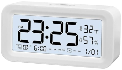 AURIVEE Digitaler Wecker ohne Ticken mit Temperatur & Luftfeuchtigkeit, 3 Weckzeiten, Wochenendmodus, Berührungslicht & Auto-Nachtlicht, Weiß