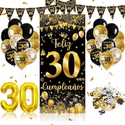 30 Decoración Cumpleaños Chica Chicos,Globos Cumpleaños Feliz Decoracion,Pancarta Feliz 30 Negro y Dorado,Banderola,Confeti